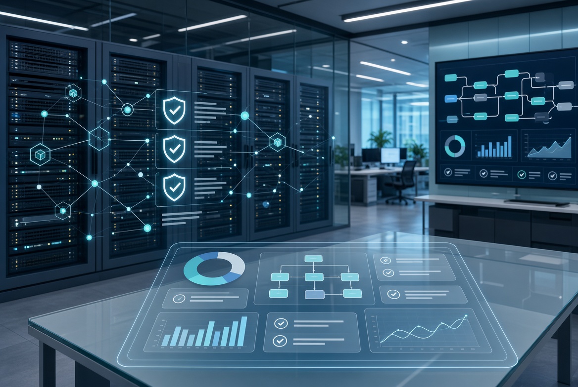 Enterprise-scale Power Platform governance: modern data center with digital overlays of secure environment tiers, orderly network diagrams, and Center of Excellence metrics under soft blue lighting
