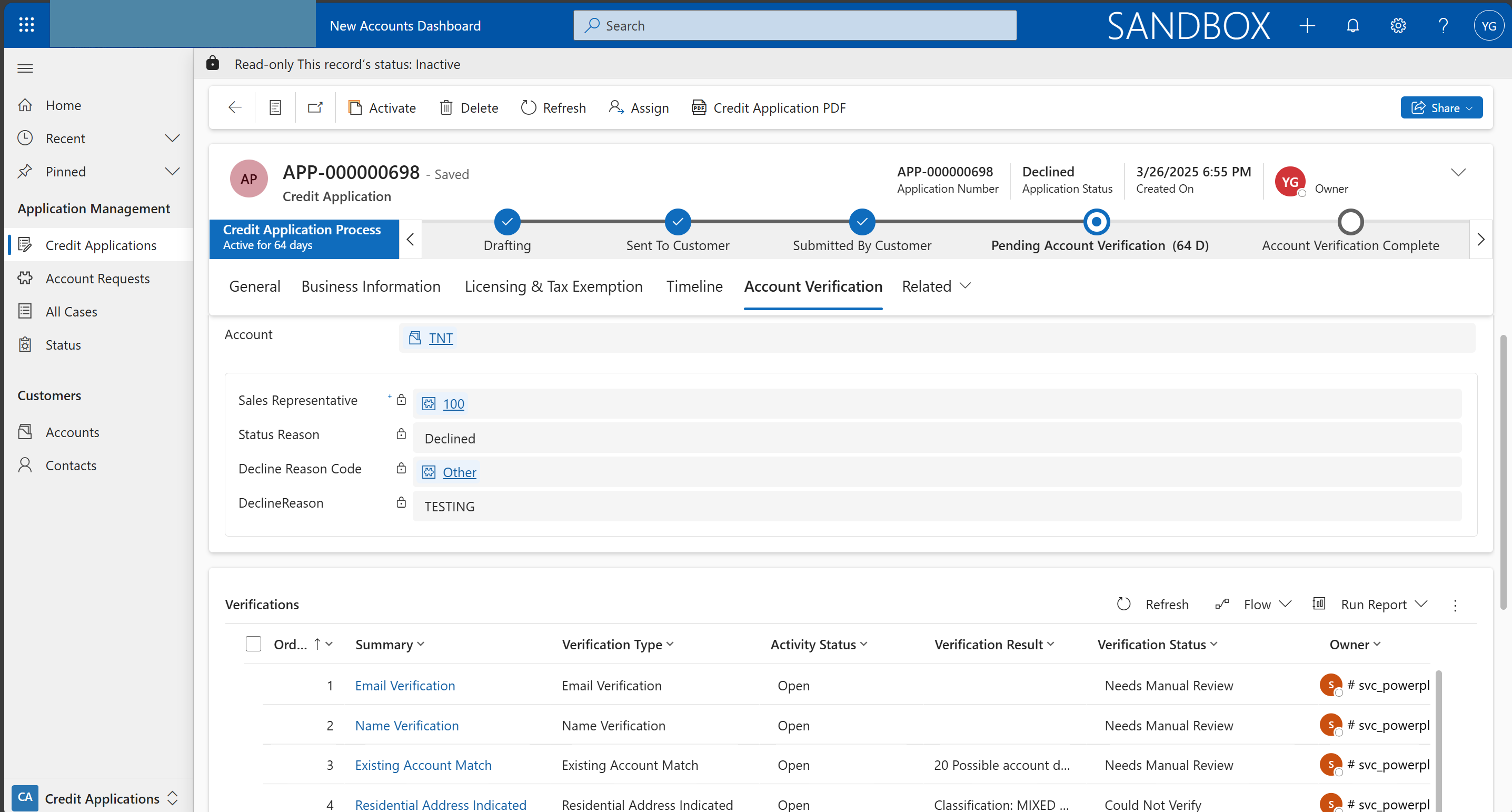 Dynamics 365 new-account record showing an application's verification steps and status in a governed back-office view.