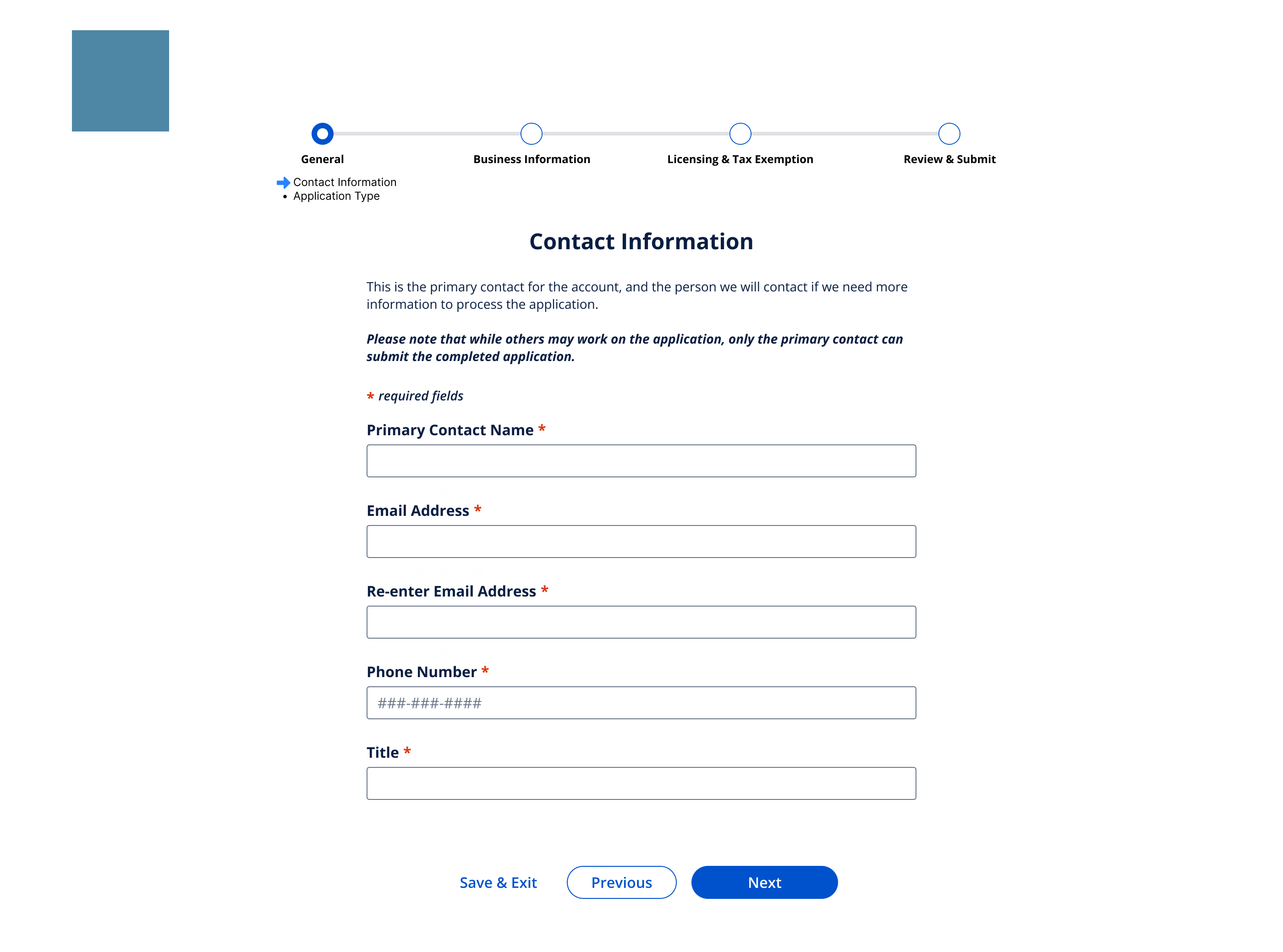 First step of a Power Pages self-service intake form capturing primary contact name, email, phone, and title, with a progress tracker across the top.