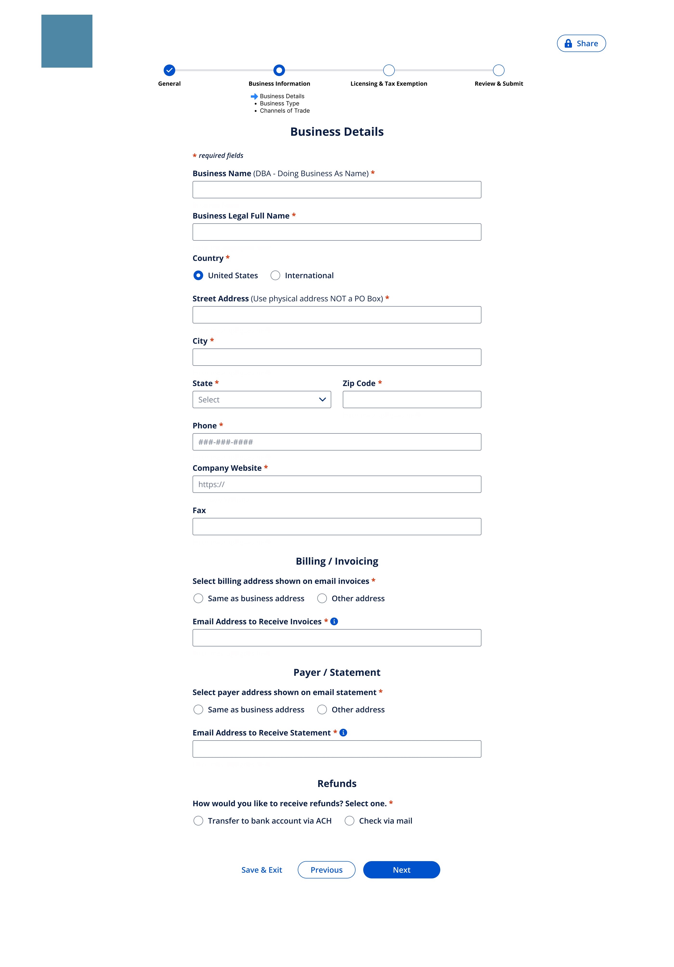 Business Details step of the intake portal with fields for business name, address, contact, and billing and invoicing preferences.