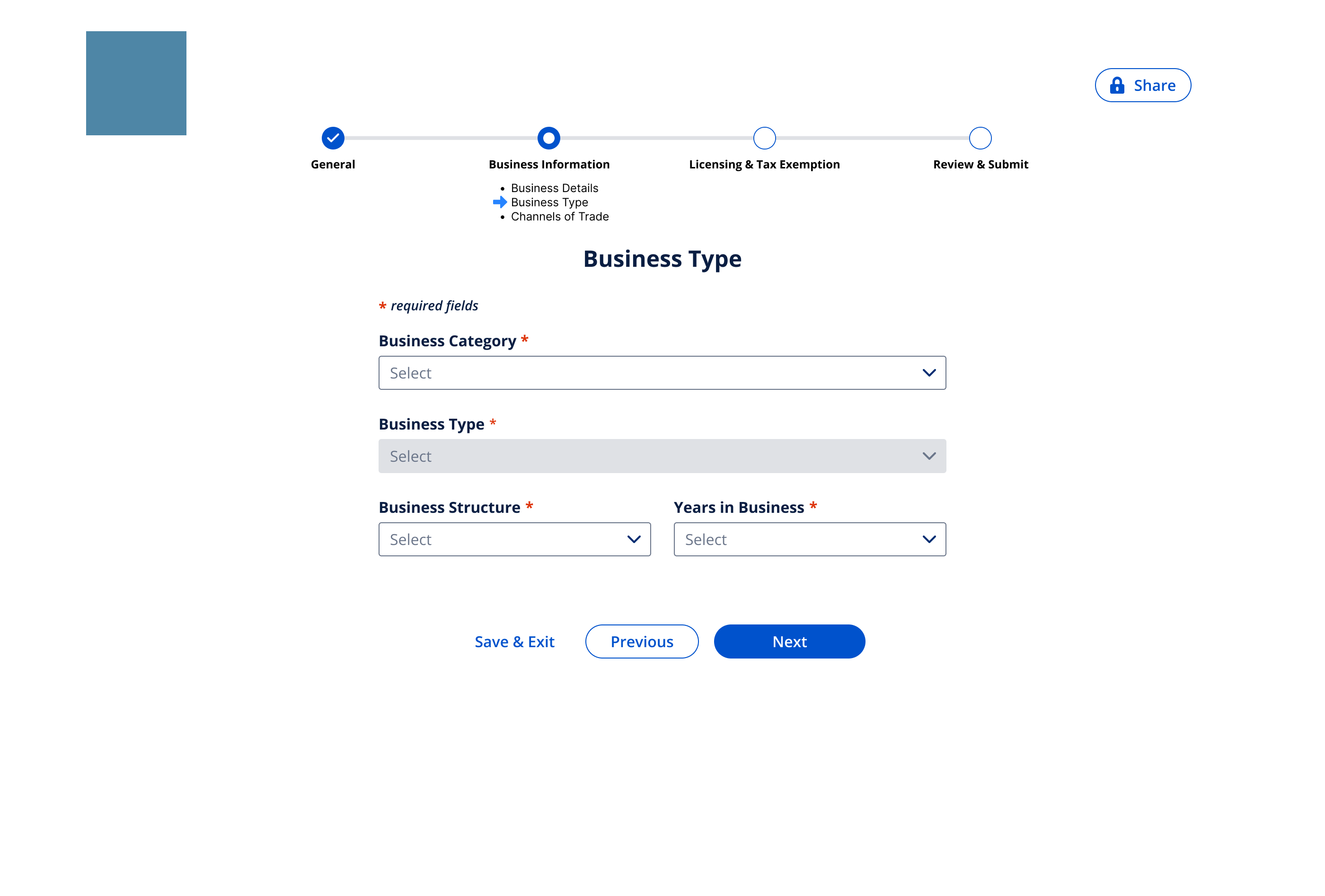 Business Type step of the intake portal with dropdowns for business category, type, structure, and years in business.