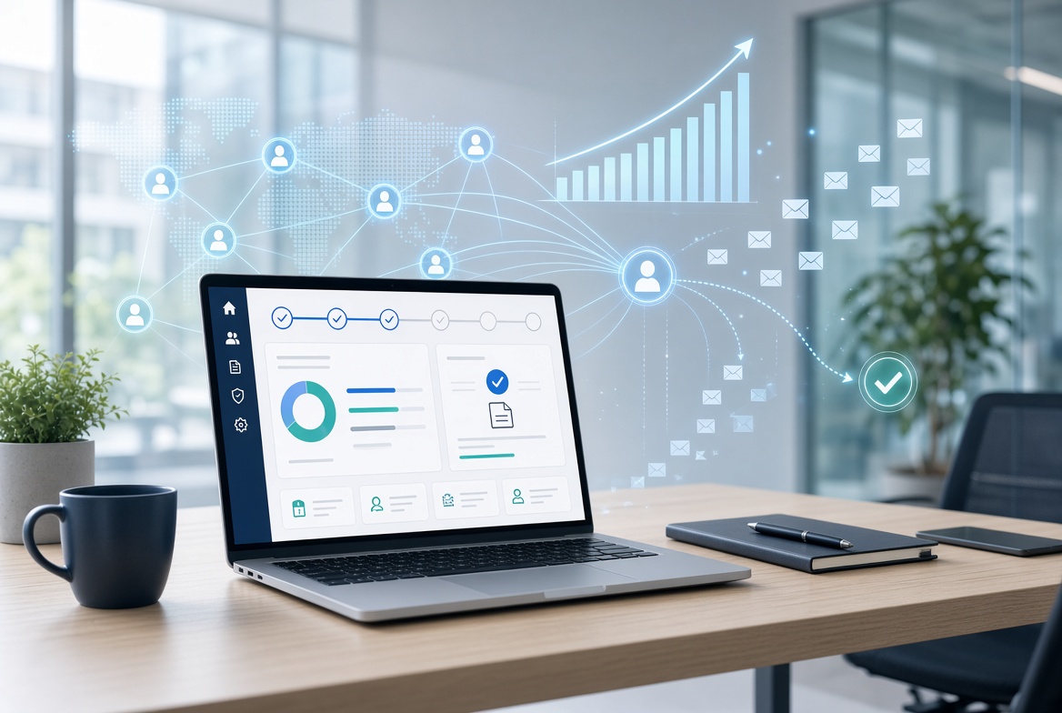 Modern laptop displaying a secure self-service portal interface with progress steps and status dashboard, overlaid with soft holographic security and data-flow elements in a clean professional setting