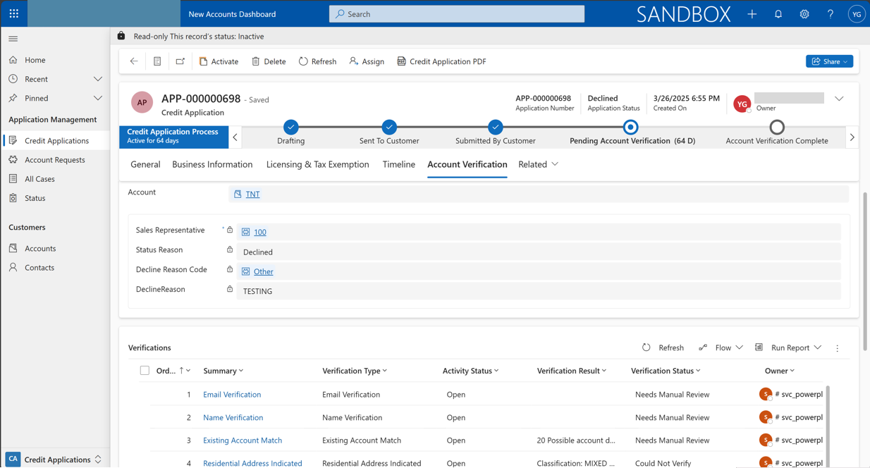 Dataverse credit application record showing a staged process flow and an account verification tab listing automated check results