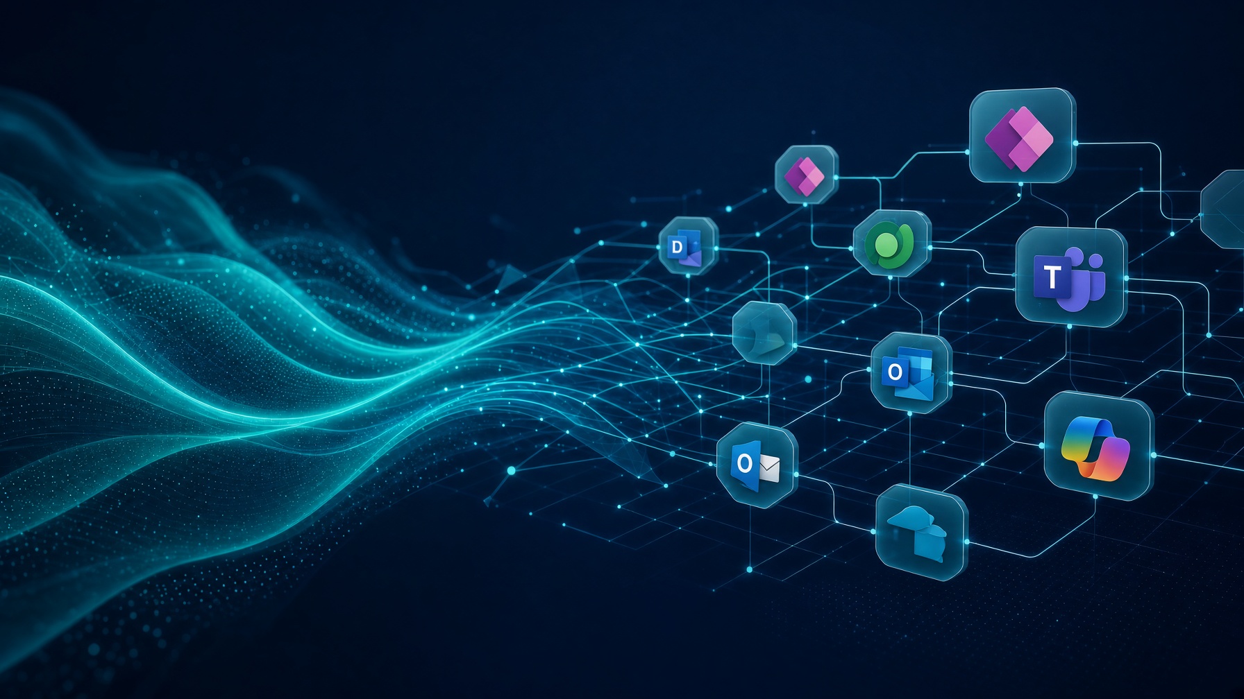 Custom business apps and workflow automation abstract cover – Microsoft Power Platform icons in holographic teal glass network