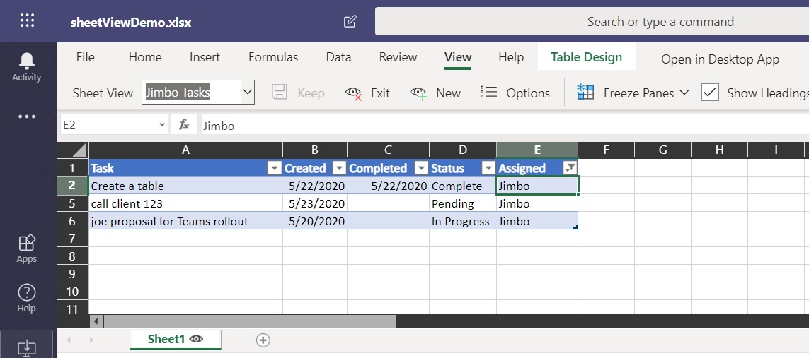 Office 365 Excel – Sheet View Feature